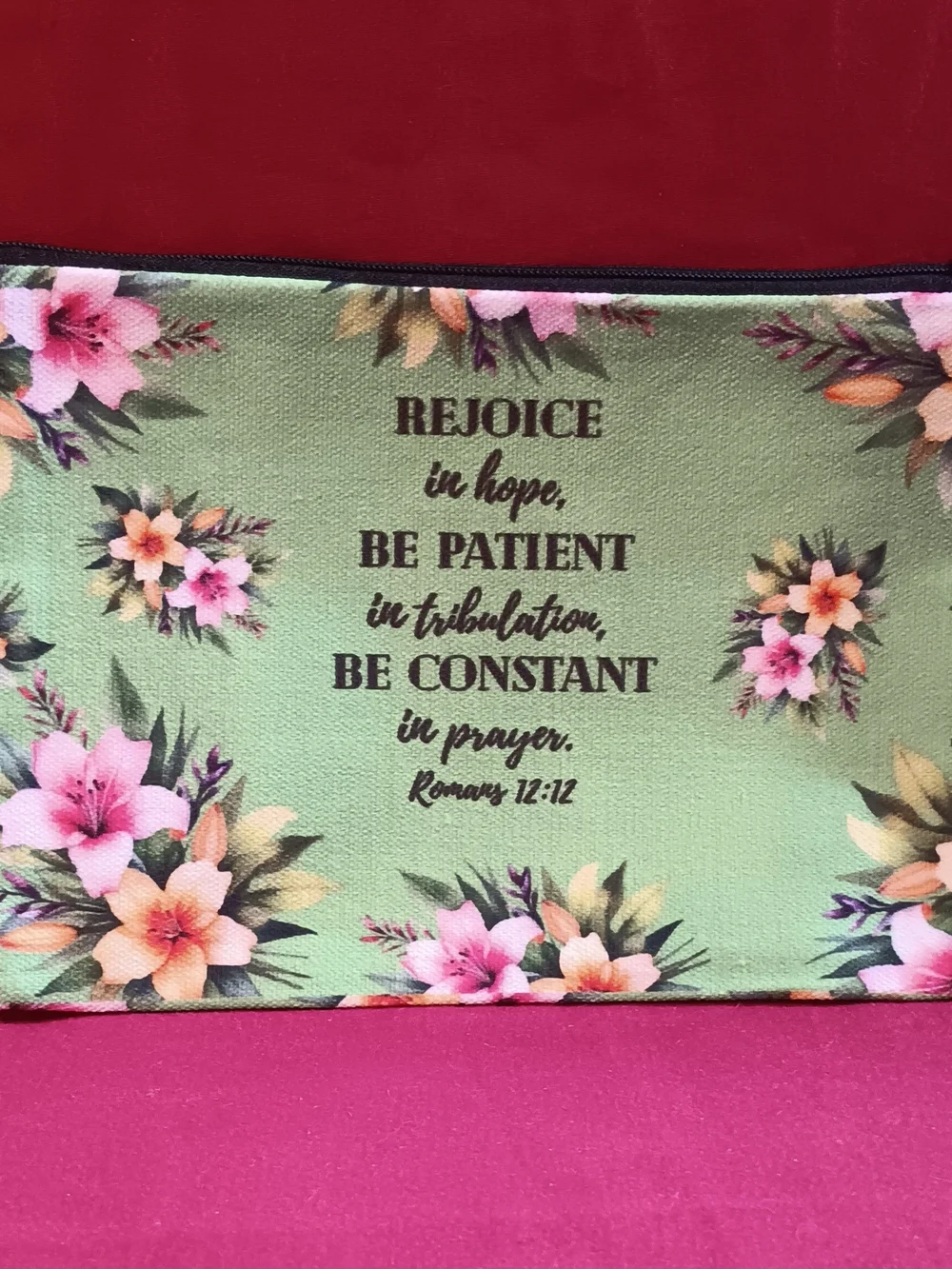 Floral Scripture Cosmetic Pouch - Green with Pink & Yellow Flowers